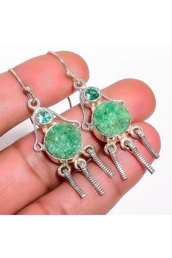 Opalite Green Forest Agate Drusy & Apatite 925 Sterling Silver Earring 2.15" T2779, Beautiful Jewelry For Woman & Gir, New Year Sale, Valentin's Day G