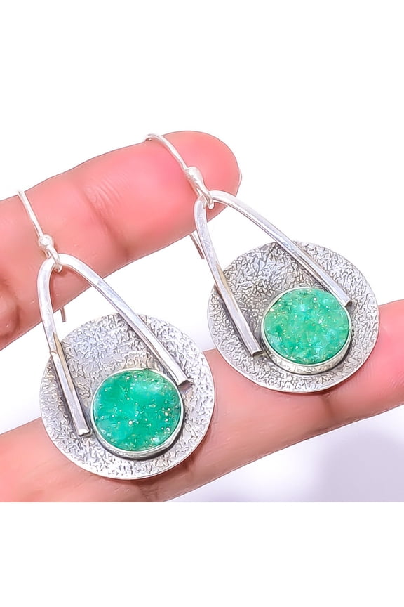 Opalite Green Quartz Drusy 925 Sterling Silver Earring 1.95" E7317-59, Handmade Jewelry, Dangle Earring