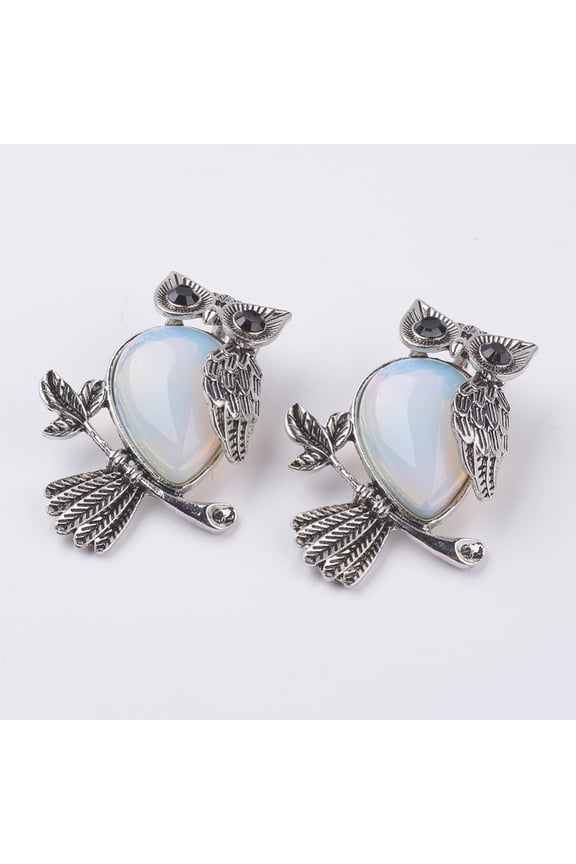Opalite Pendants with Alloy Finding Owl Silver 46.5x35.5x11.5mm Hole: 6x8.5mm
