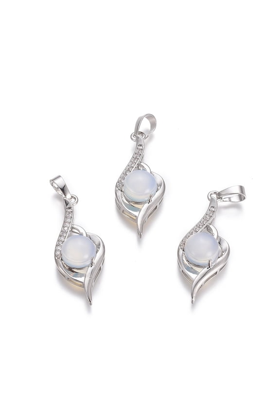 Opalite Pendants with Platinum Tone Brass Findings and Crystal Rhinestone Flower 37.3x15x9.8mm Hole: 7x4.5mm