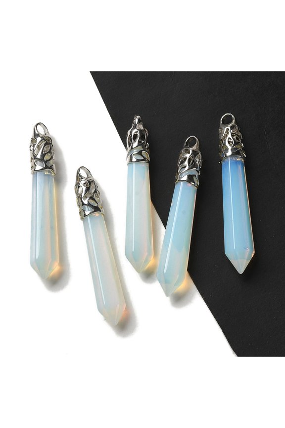 Opalite Pointed Big Pendants Faceted Charms with Rack Plating Platinum Plated Brass Findings 56~65x11~11.5x10~10.5mm Hole: 4X3mm