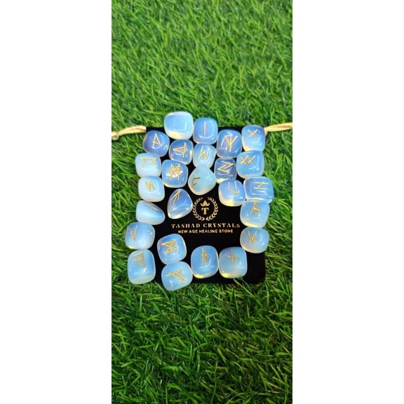 Opalite Rune Stones Set 25 Piece Elder Futhark Viking Crystal Runes with Gold Engraving, Divination Witchcraft Kit, Velvet Bag, Beginner Norse Oracle Set, 15-20mm