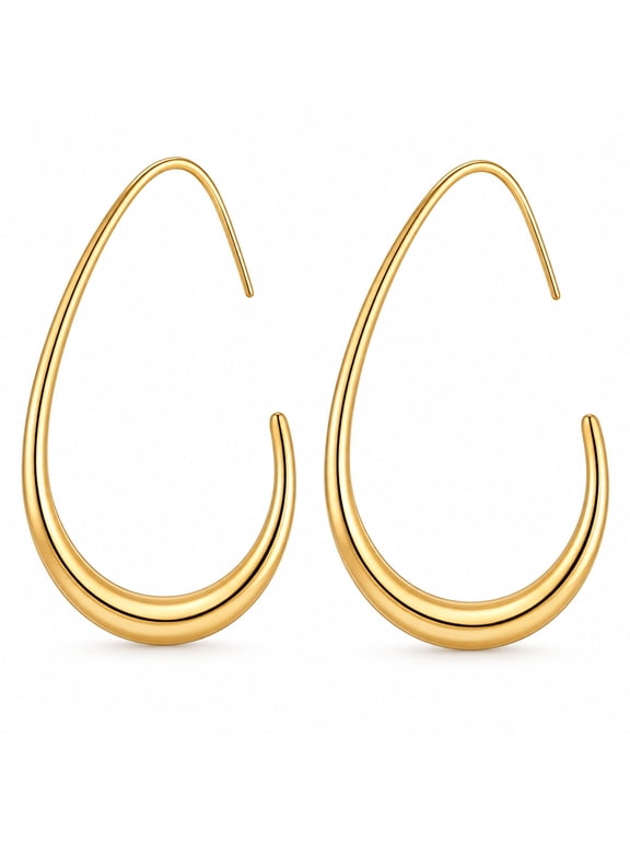 Women's gold-tone open teardrop hoop earrings; stainless steel minimalist statement earrings suitable for daily wear (size: 30*40mm).