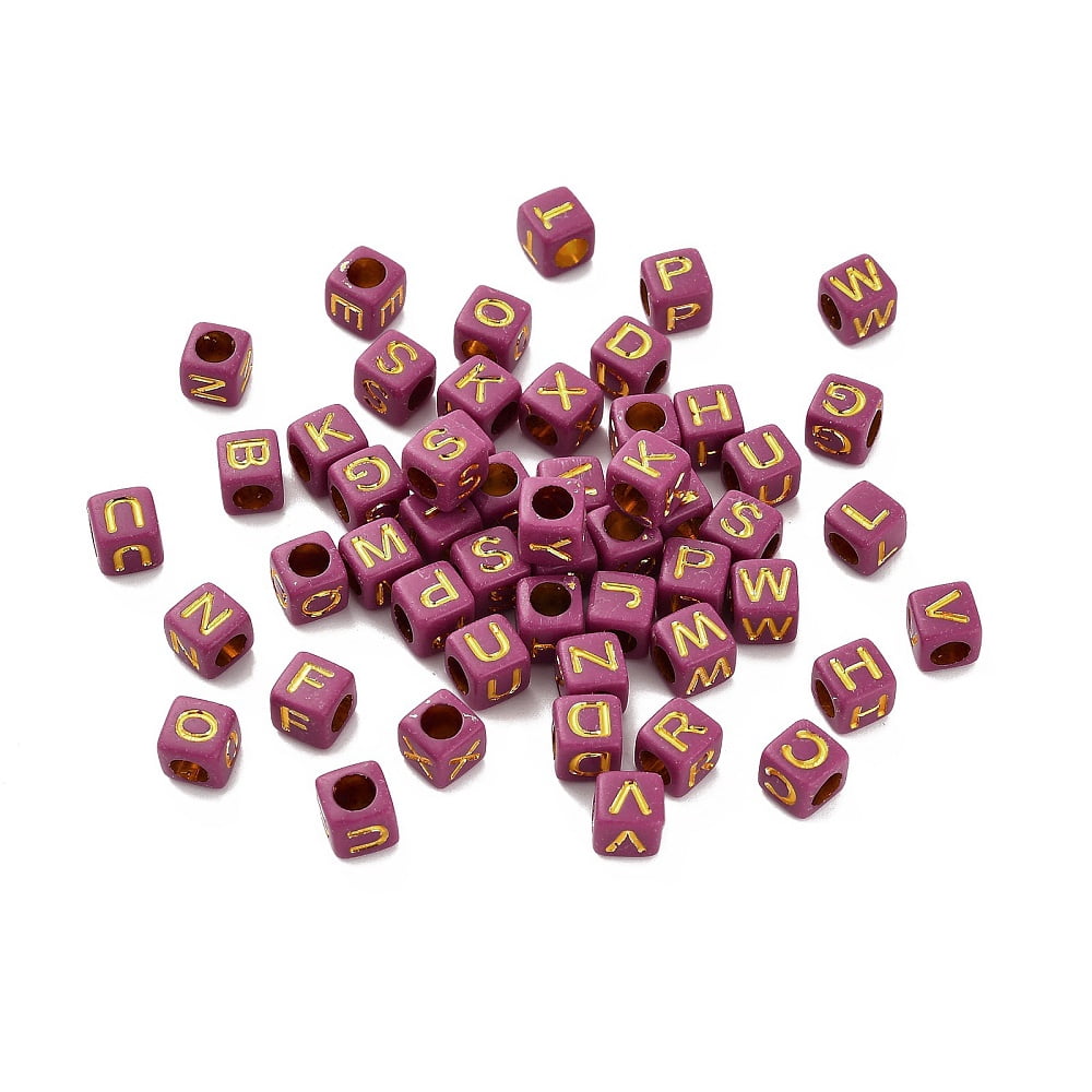 Opaque Acrylic Beads Cube with Letter Golden Metal Enlaced Old Lace 6x6x9mm Hole: 3mm 3125pcs/500g