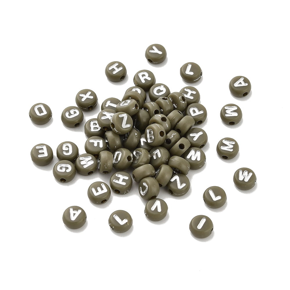 Opaque Acrylic Beads Flat Round with Letter Dark Olive Green 7x4mm Hole: 1.6mm 3846pcs/500g