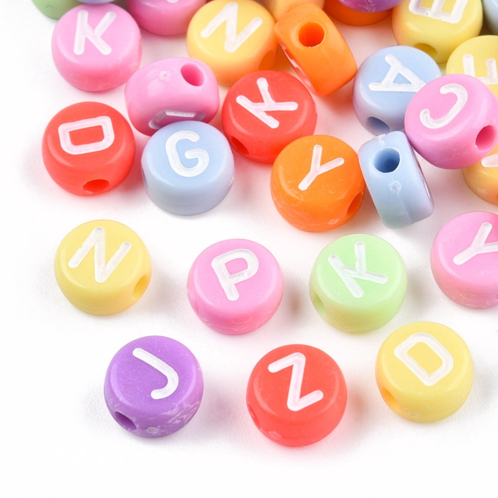 Opaque Acrylic Beads Flat Round with Random White Letter A~Z Mixed color 7x4mm Hole: 1.8mm about 3600pcs/500g