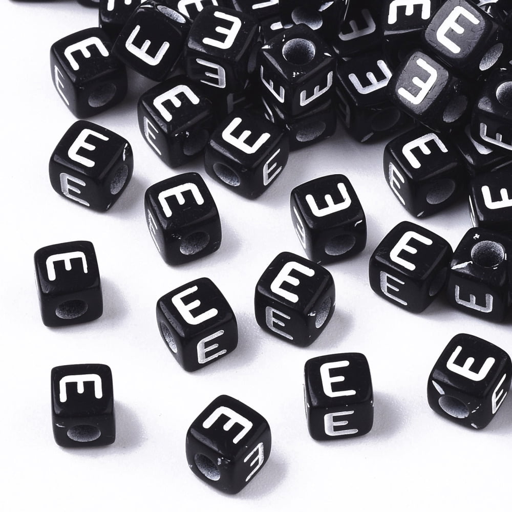 Opaque Acrylic Beads Horizontal Hole Alphabet Style Cube Black White Letter.E 5x5x5mm Hole: 2mm 5000pcs/500g