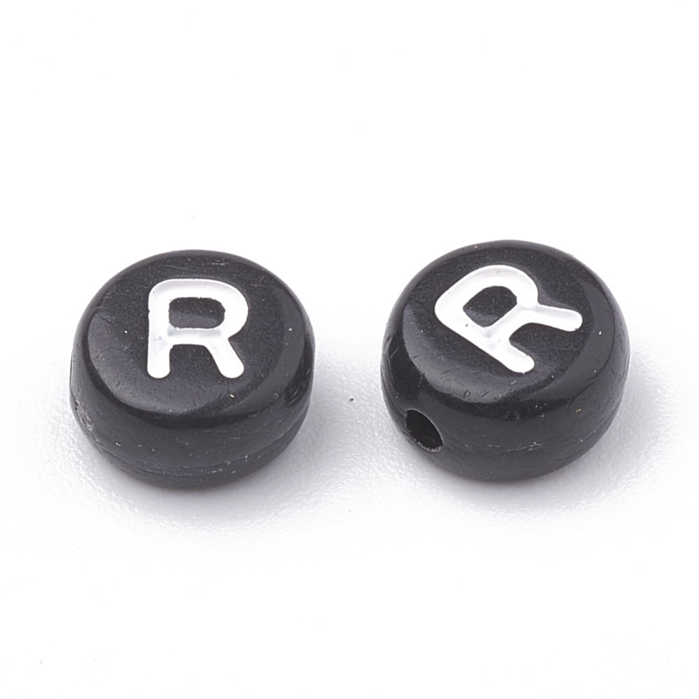Opaque Acrylic Beads Horizontal Hole Alphabet Style Flat Round Letter.R 7x4mm Hole: 1.5mm 3700pcs/500g