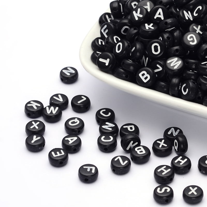 Opaque Acrylic Beads Horizontal Hole Alphabet style Flat Round Letter 7x4mm Hole: 1.5mm 3700pcs/500g