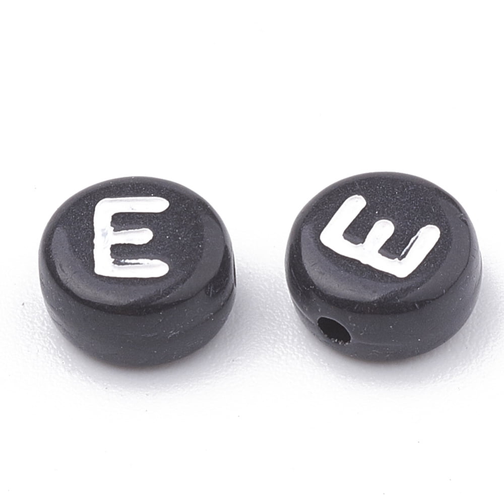 Opaque Acrylic Beads Horizontal Hole Alphabet style Flat Round Letter.E 7x4mm Hole: 1.5mm about 3700pcs/500g