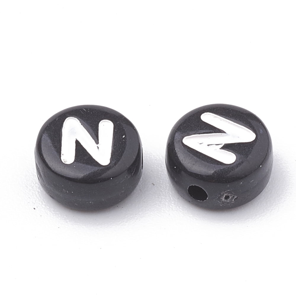 Opaque Acrylic Beads Horizontal Hole Alphabet style Flat Round Letter.N 7x4mm Hole: 1.5mm about 3700pcs/500g
