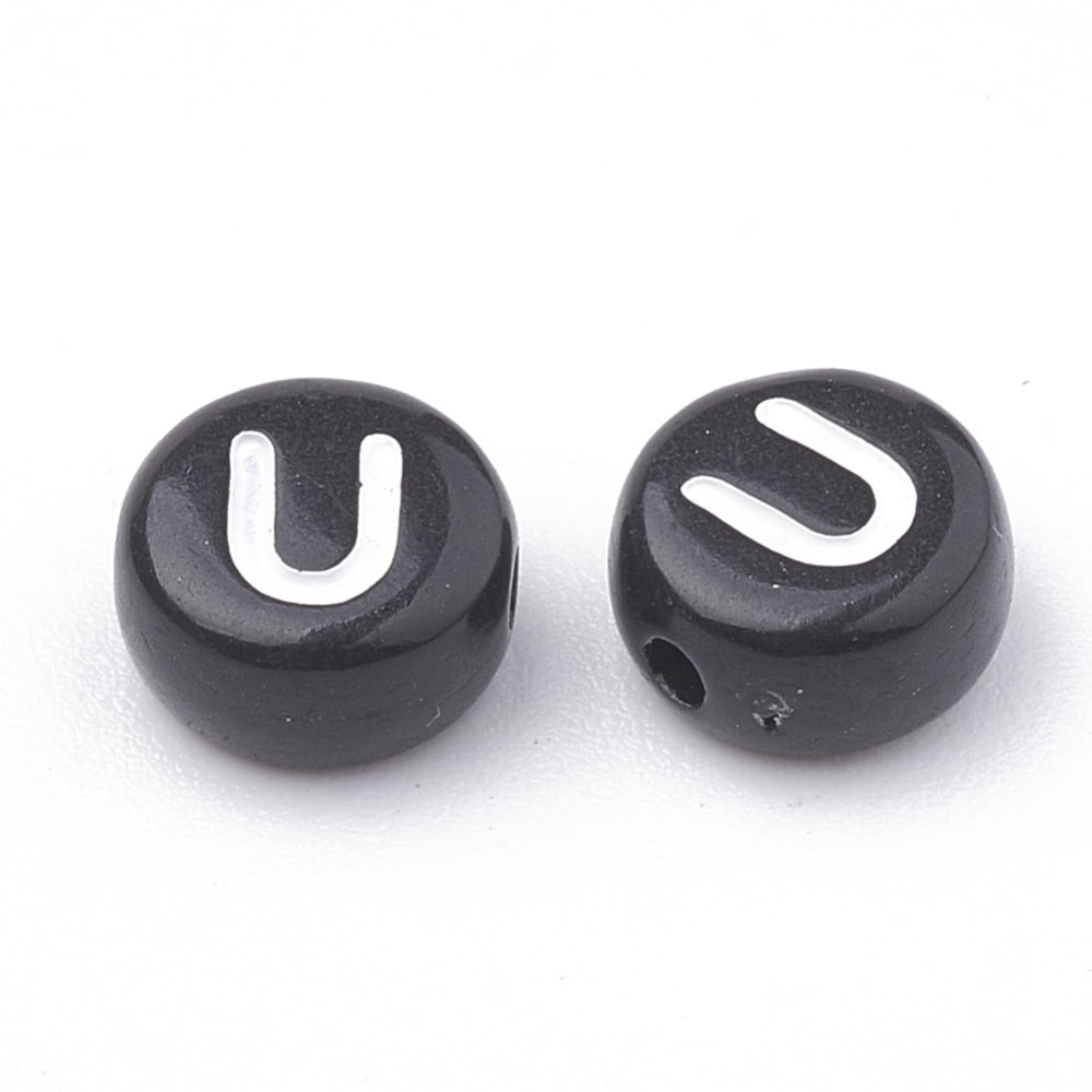 Opaque Acrylic Beads Horizontal Hole Alphabet style Flat Round Letter.U 7x4mm Hole: 1.5mm about 3700pcs/500g