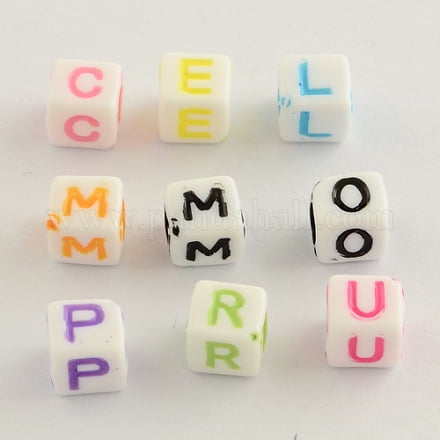 Opaque Acrylic Beads Horizontal Hole Cube with Letter Mixed Color 6x6x6mm Hole: 3.5mm about 3300pcs/500g