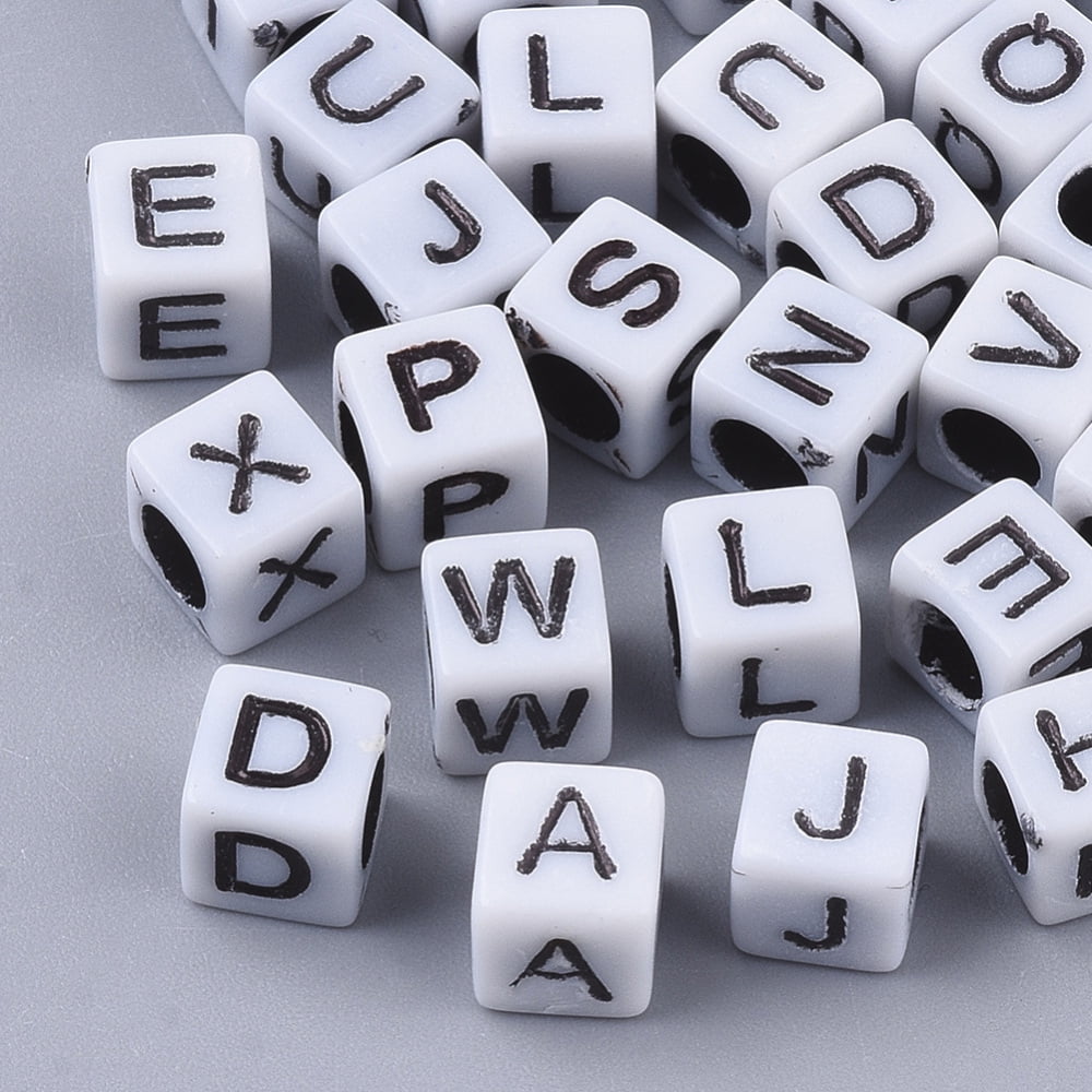 Opaque Acrylic Beads Horizontal Hole Cube with Random Initial Letter White 6x6x6mm Hole: 3.5mm about 3380pcs/500g
