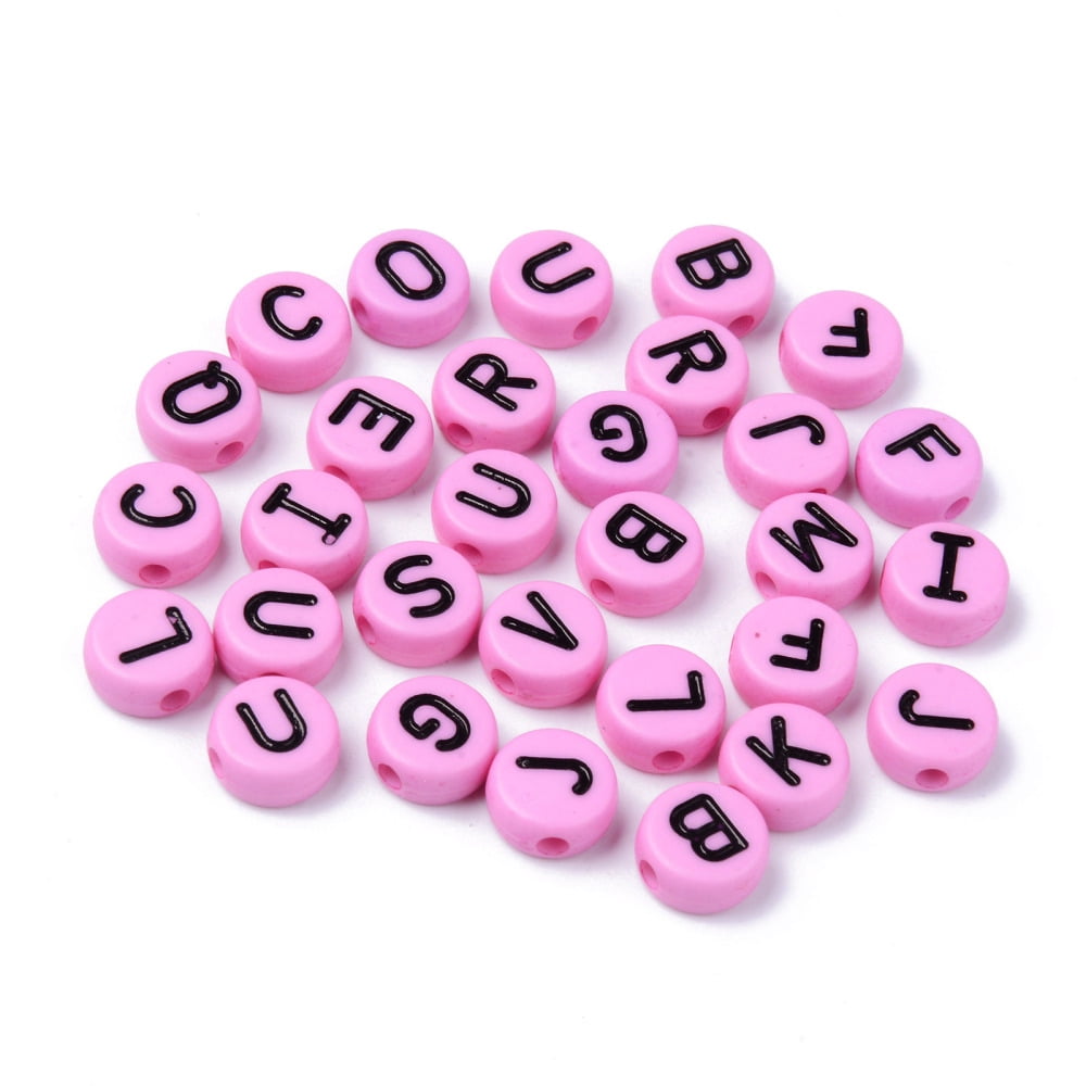 Opaque Acrylic Beads Horizontal Hole Flat Round with Black Random Letters Pearl Pink 10x4.5mm Hole: 2mm about 1600pcs/500g