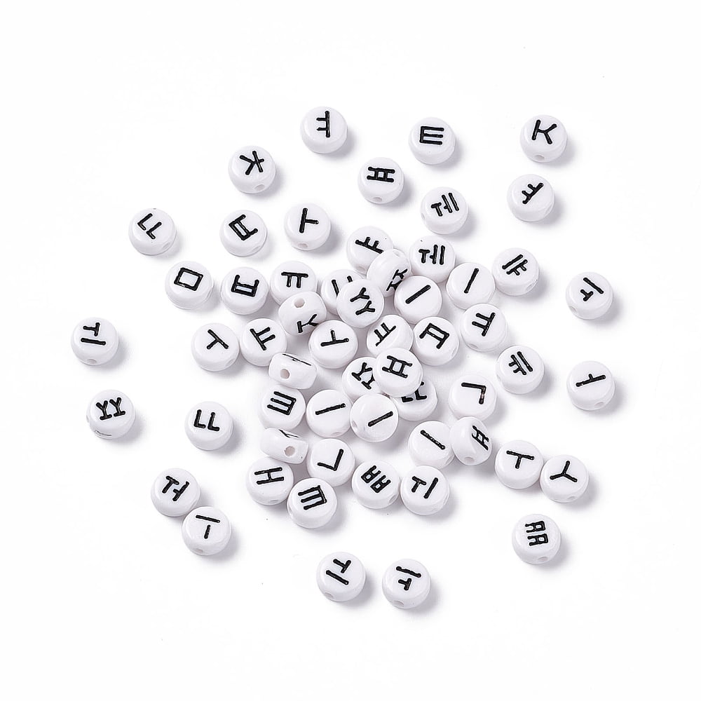 Opaque Acrylic Beads White Flat Round with Korean Letters Black 7x3.5mm Hole: 1.2mm 3600pcs/500g