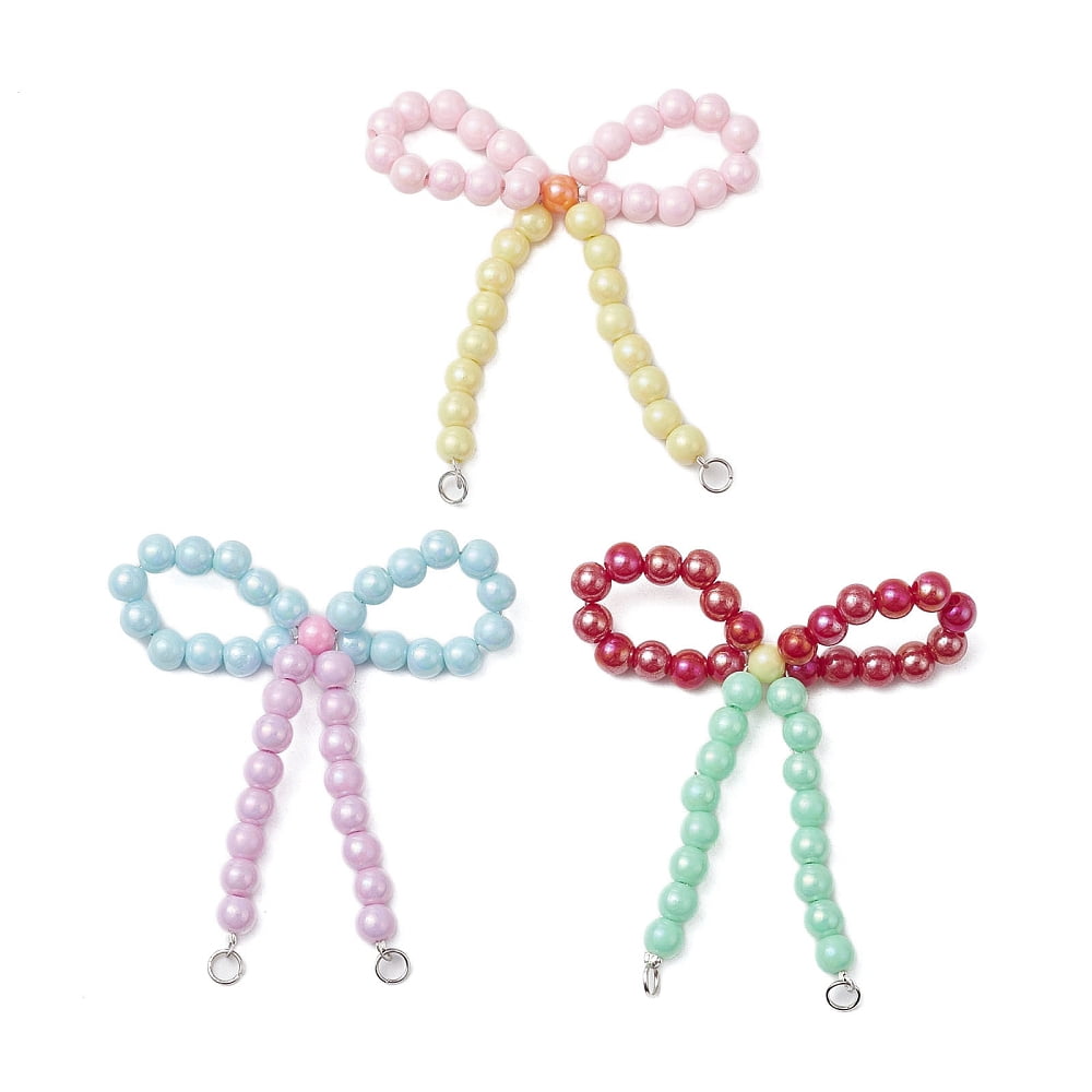 Opaque Acrylic Beads with Brass Crimp Beads and Iron Open Jump Rings Pendamts Bowknot Colorful 67x55x6mm Hole: 3.5mm