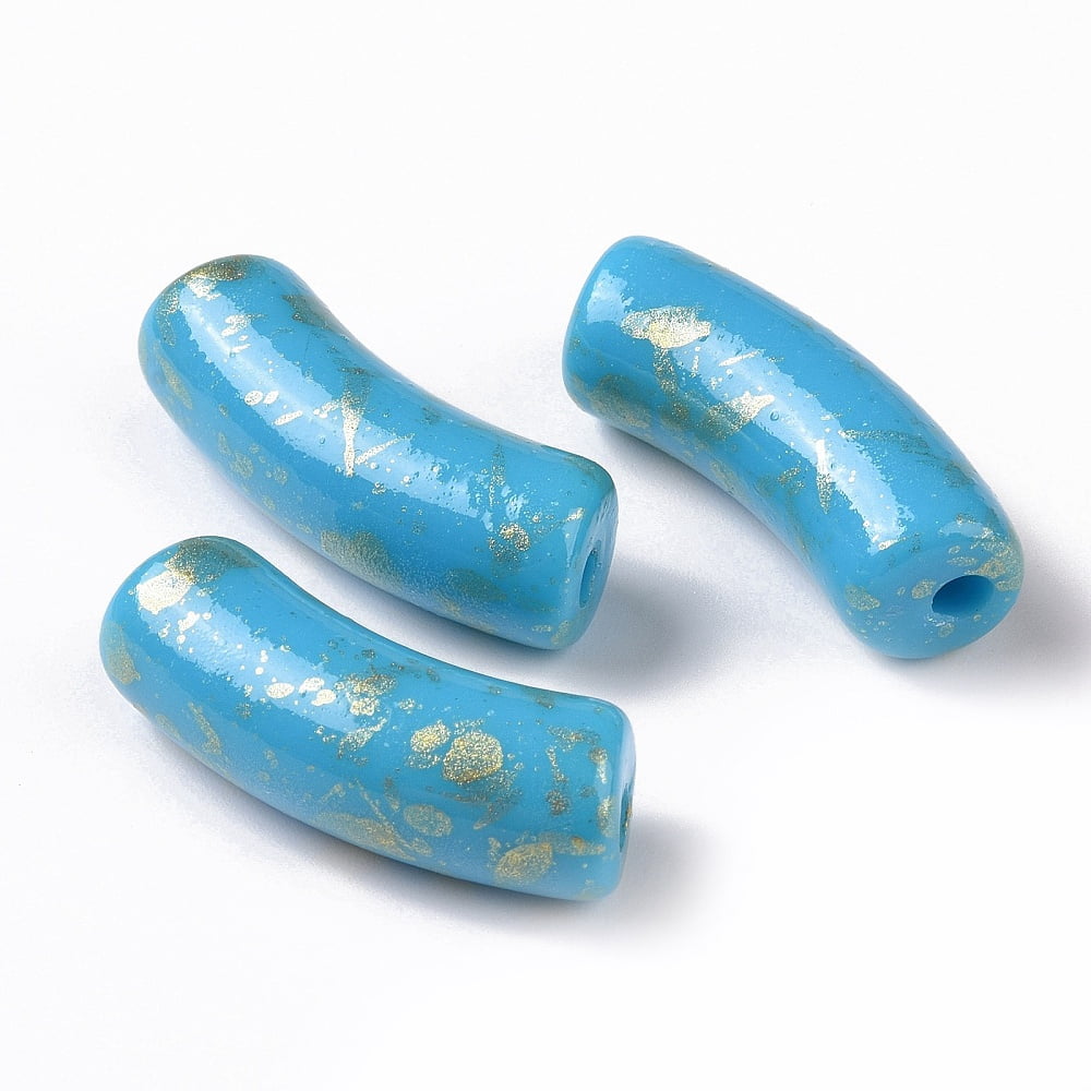 Opaque Acrylic Beads with Glitter Powder Curved Tube Deep Sky Blue 34.5x13.5x11.5mm Hole: 3.1mm