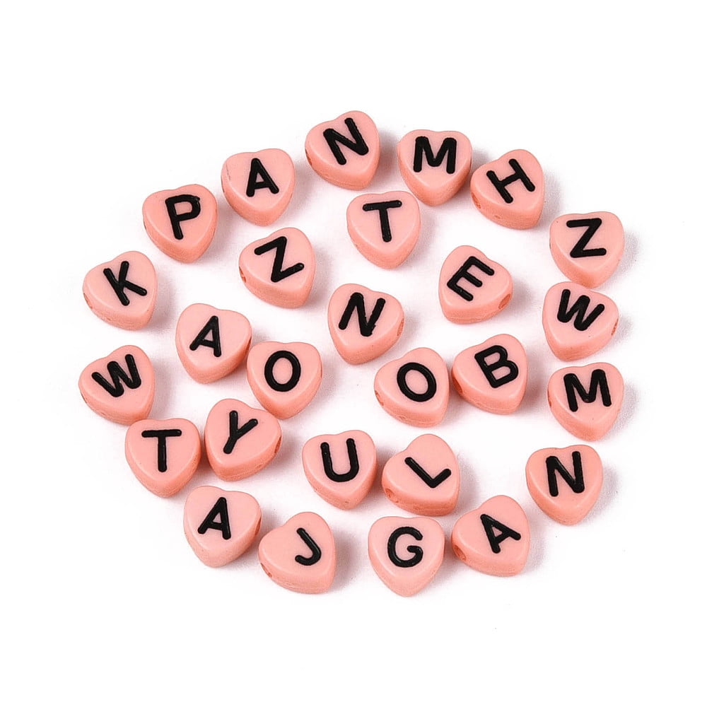 Opaque Acrylic Enamel Beads Horizontal Hole Heart with Mixed Black Letters Pink 7x7x4mm Hole: 1.5mm 3600pcs/500g