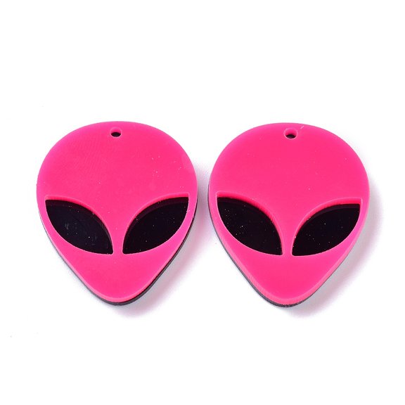 Opaque Acrylic Pendants Alien Face Deep Pink 35.5x29.5x4mm Hole: 1.8mm