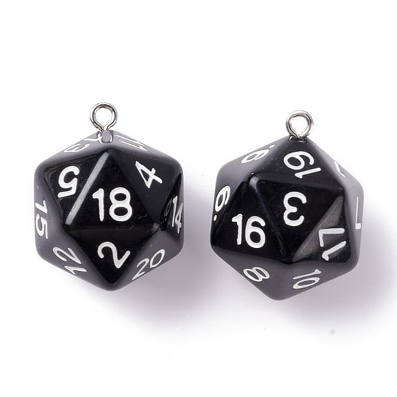 Opaque Acrylic Pendants with Platinum Plated Iron Findings Faceted Polyhedral Dice D20 Black 27.5x20x20mm Hole: 2mm