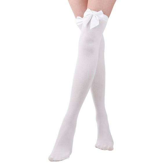 Opaque Bow Thigh High Stockings - Black/White Knee High Socks with Bows, Soft Elastic for Women Girls