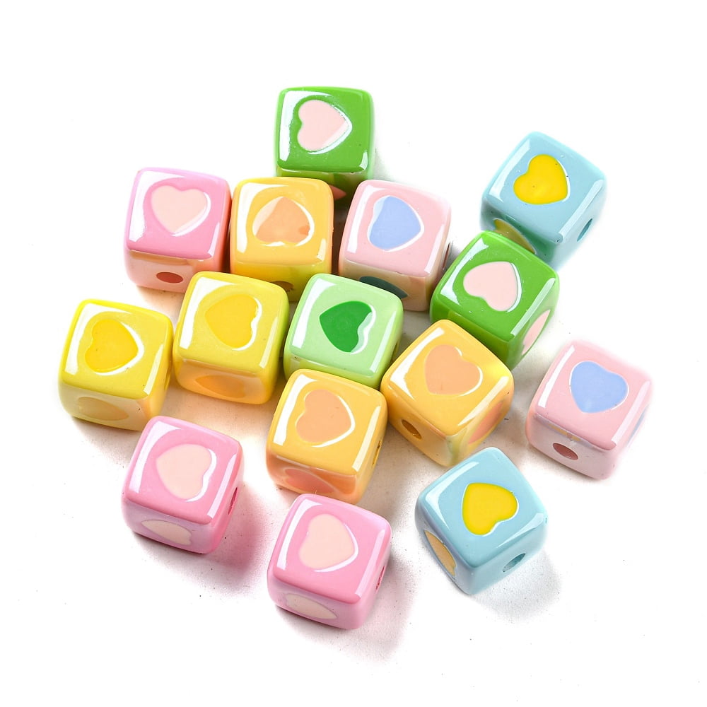 Opaque Colourful Acrylic Enamel Beads Cube with Heart Beads Mixed color 12.6x12.5x12.5mm Hole: 3mm
