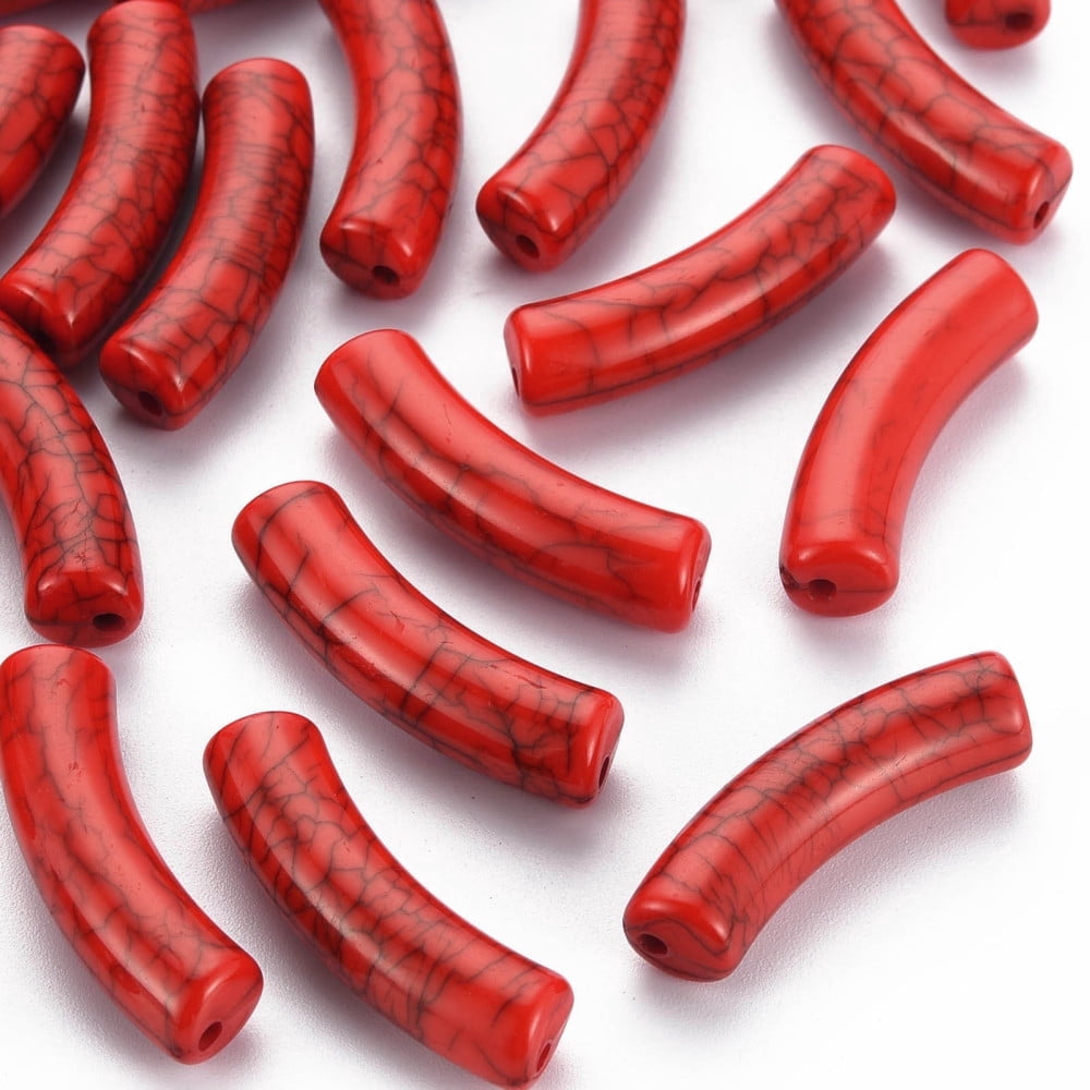 Opaque Crackle Acrylic Beads Curved Tube FireBrick 32x10x8mm Hole: 1.8mm about 330pcs/500g