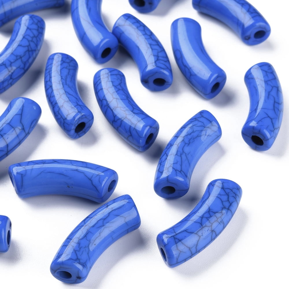 Opaque Crackle Acrylic Beads Curved Tube Medium Blue 36x13.5x11.5mm Hole: 4mm about 148pcs/500g