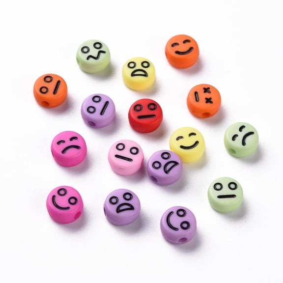 Opaque Mixed Color Acrylic Beads Flat Round with Black Random Expression 7x4mm Hole: 1.6mm