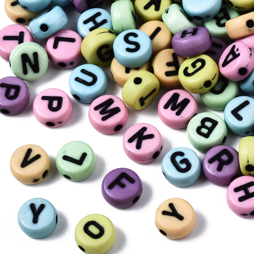Opaque Mixed color Acrylic Beads Flat Round with Black Random Letters Random Mixed Letters 7x3.5mm Hole: 1.5mm 3600~3700pcs/500g