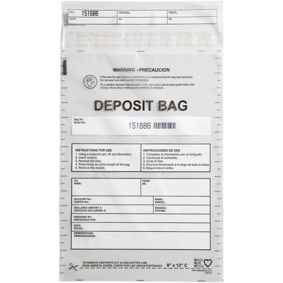 Opaque Plastic Deposit Bags 9"x12" | Secure Bank Deposits, Cash Handling or Safe Currency Transportation | Sequential Barcodes | Tamper-Evident | Tear-Off Receipt for Security | 100-Pack