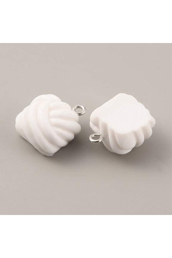 Opaque Resin Pendants Frosted Square Yarn Ball Charms with Platinum Tone Iron Findings White 20x15.5x11mm Hole: 2mm