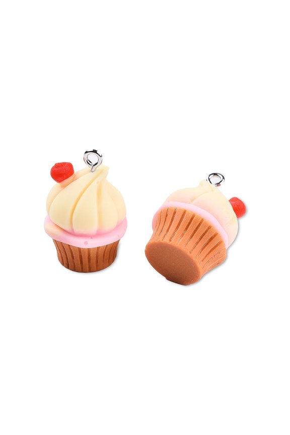 Opaque Resin Pendants with Platinum Plated Iron Loops Cupcake Charm Red 25.5~26x17~18x17~18mm Hole: 2mm
