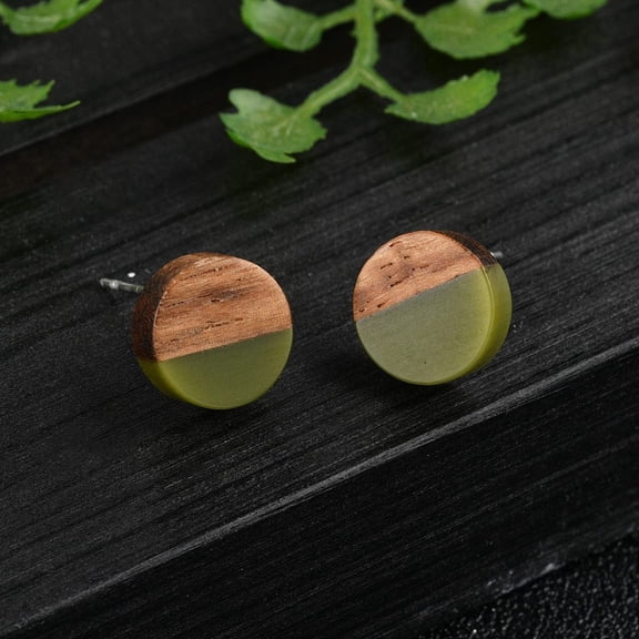 Opaque Resin & Walnut Wood Stud Earrings with 316 Stainless Steel Pins Flat Round Dark Olive Green 10mm Pin: 0.7mm