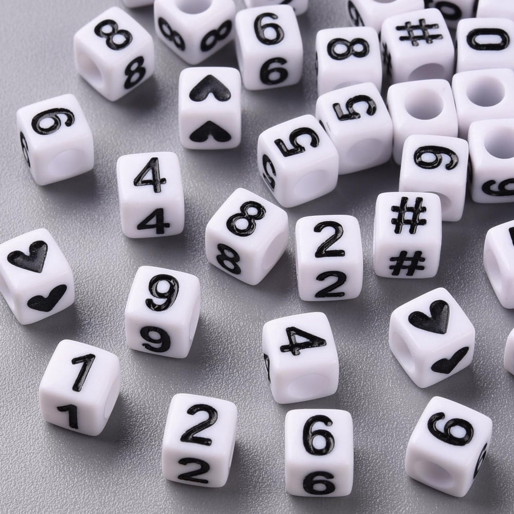Opaque White Acrylic Beads Cube with Black Number & Heart White 6x6x6mm Hole: 3.5mm about 3000pcs/500g