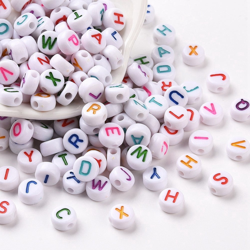 Opaque White Acrylic Beads Flat Round with Mixed color Letter Letter 7x3.5mm Hole: 1.2mm about 4000pcs/500g