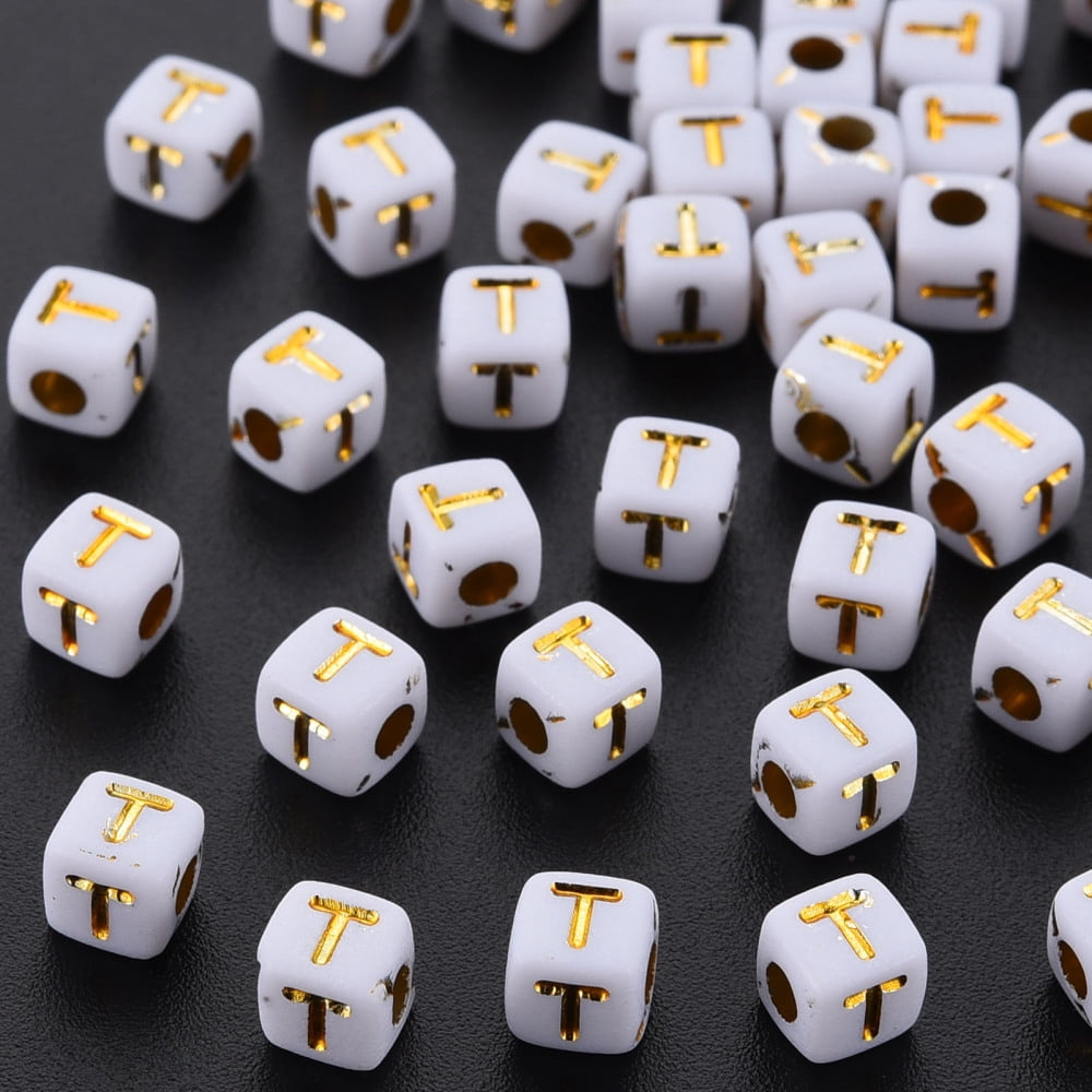 Opaque White Acrylic Beads Metal Enlaced Cube with Letters Letter.T 4.5mm Hole: 2mm about 5000pcs/500g