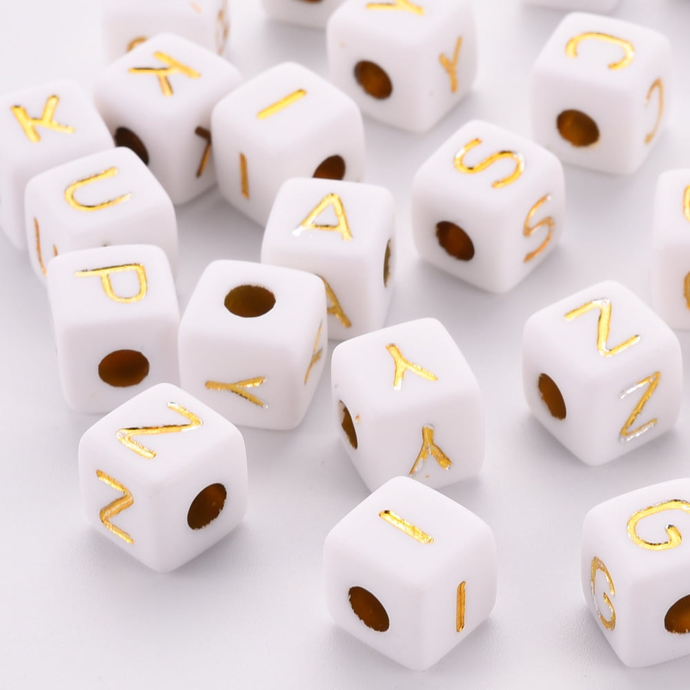 Opaque White Acrylic European Beads Horizontal Hole Large Hole Beads Metal Enlaced Cube with golden Random Mixed Letters 9.5x9.5x9.5mm Hole: 4mm about 500pcs/500g