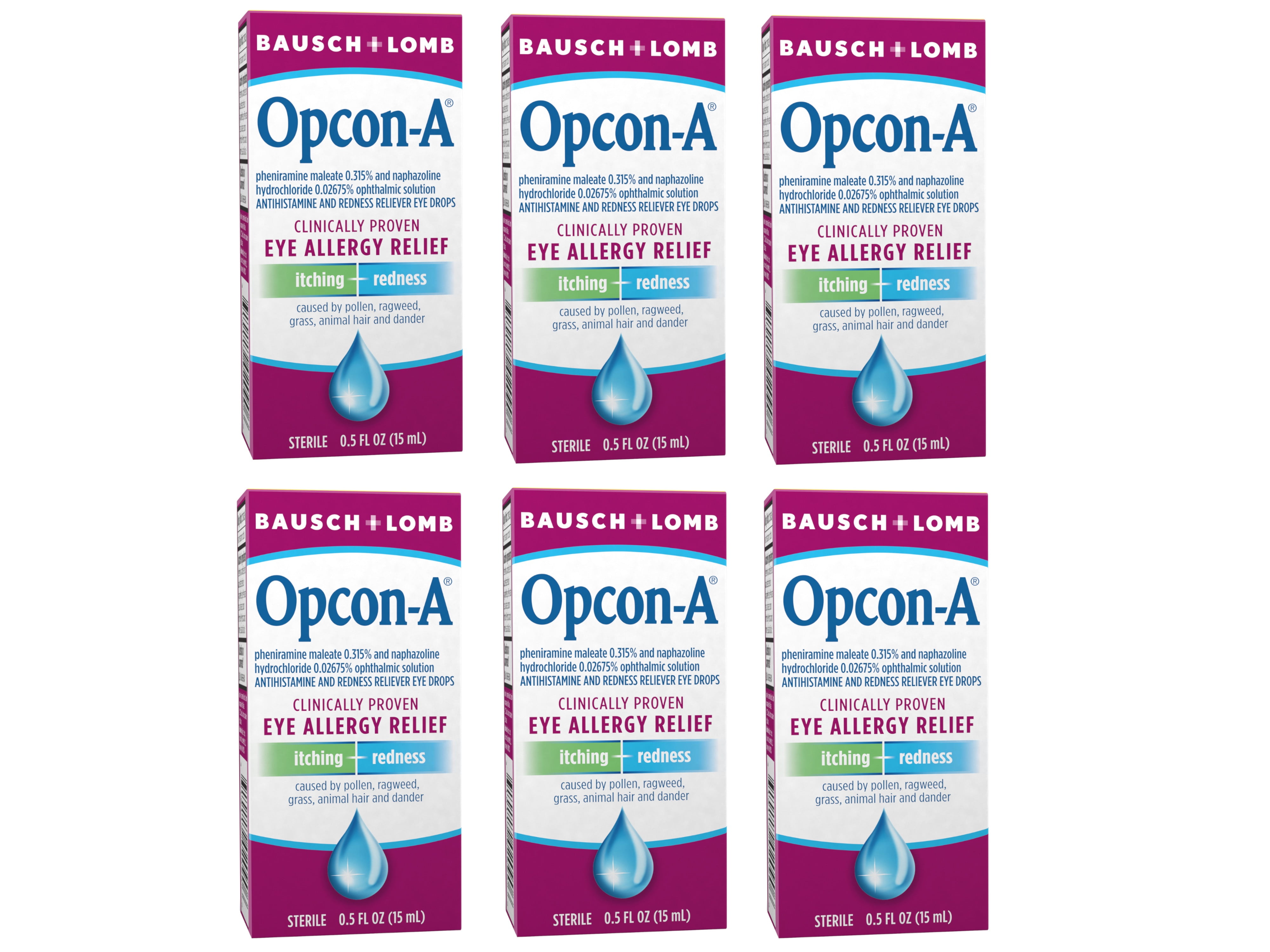 Opcon-A Allergy Eye Drops by Bausch + Lomb, for Itch and Redness Relief, Red and Itchy Eyes Antihistamine Eye Drop, Clinically Proven Treatment, 0.5 Fl Oz - 6 Pack