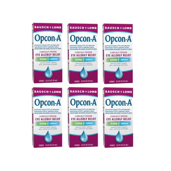 Opcon-A Allergy Eye Drops by Bausch + Lomb, for Itch and Redness Relief, Red and Itchy Eyes Antihistamine Eye Drop, Clinically Proven Treatment, 0.5 Fl Oz - 6 Pack