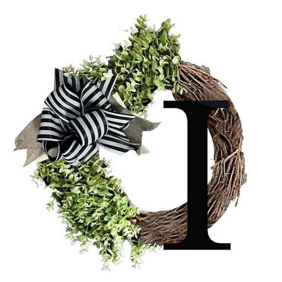 Opehuo 26 Initial Ribbon Rattan Wreath,Spring Personalized Letters Round Rattan Wreath With Striped Linen Bow,Farmhouse Style Rustic Door Wreaths(I)