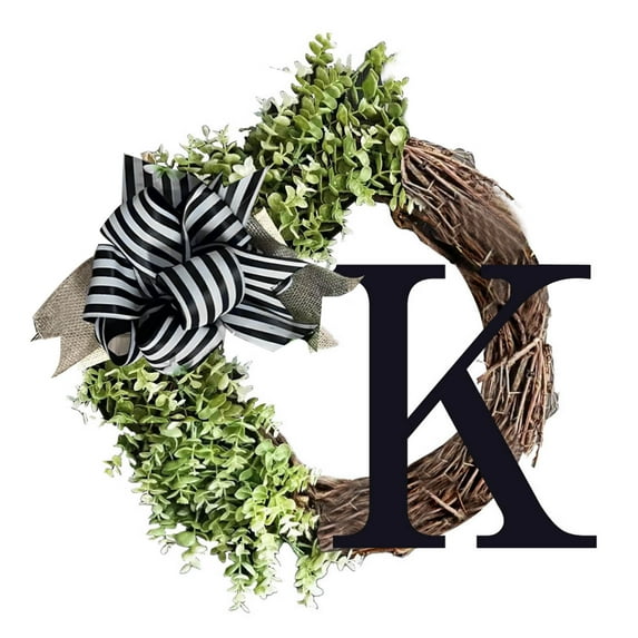 Opehuo 26 Initial Ribbon Rattan Wreath,Spring Personalized Letters Round Rattan Wreath With Striped Linen Bow,Farmhouse Style Rustic Door Wreaths(K)