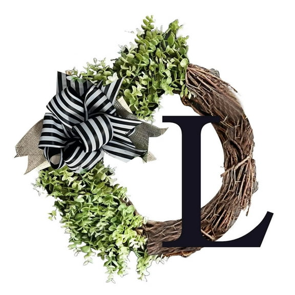 Opehuo 26 Initial Ribbon Rattan Wreath,Spring Personalized Letters Round Rattan Wreath With Striped Linen Bow,Farmhouse Style Rustic Door Wreaths(L)