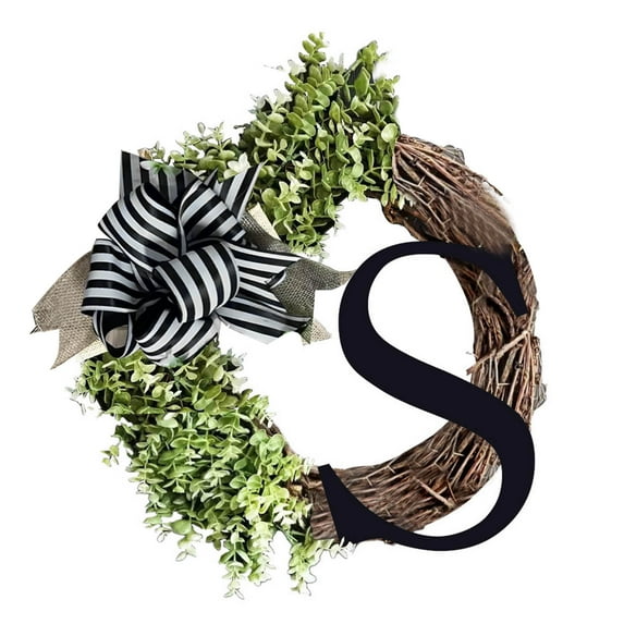 Opehuo 26 Initial Ribbon Rattan Wreath,Spring Personalized Letters Round Rattan Wreath With Striped Linen Bow,Farmhouse Style Rustic Door Wreaths(S)