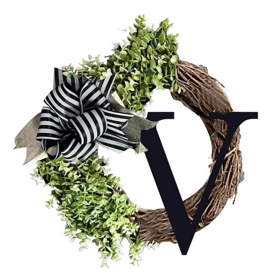 Opehuo 26 Initial Ribbon Rattan Wreath,Spring Personalized Letters Round Rattan Wreath With Striped Linen Bow,Farmhouse Style Rustic Door Wreaths(V)