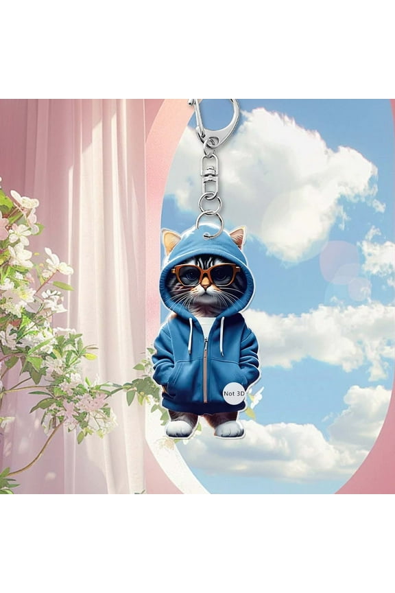 Opehuo Acrylic Cat in Sweatshirt Keychains Yorkie Accessories for Women Girls Handbag Charms Jewelry Gifts,Animals 2D Flat Acrylic Pendant Keychain Car Rearview Mirror Pendant