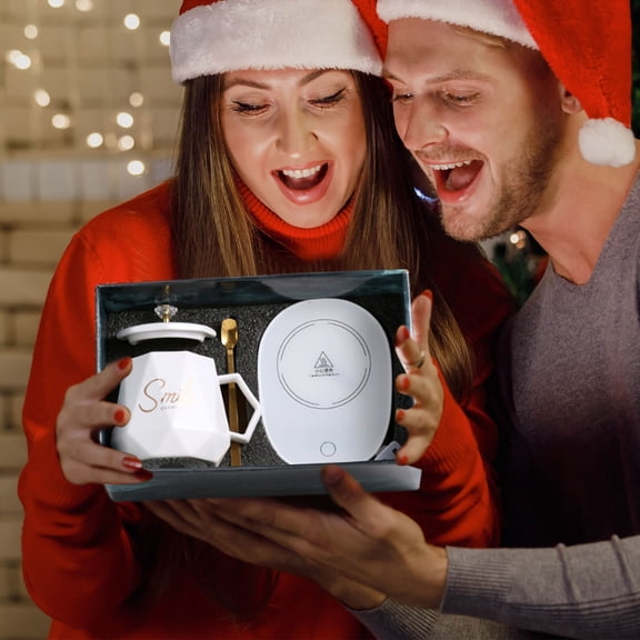 Opehuo Ceramic Mug,Home Office Smart Warmer Coffee Mug Set,Christmas Coffee Cup Gift Box Set,Ceramic Coffee Mug Set with Spoon Gift Box Gift Bag,Desk Coffee Mug for Men Women(C)