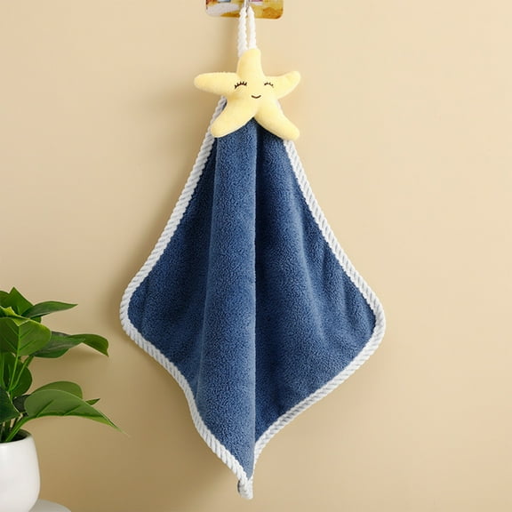 Opehuo Cute Cartoon Children's Hand Towel,Hanging Hand Towels with Hanging Loop for Kitchen Bathroom Home,Microfiber Coral Fleece Absorbent Animals Hand Towel for Children,Dark Blue