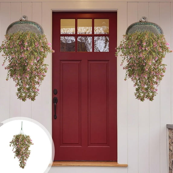 Opehuo Fall Artificial Hanging Flowers for Outdoor Outside Decor,Autumn Fake Hanging Plants Silk Violets with Eucalyptus,UV Resistant Realistic Faux Flower for Window Balcony Wall,Pink-A